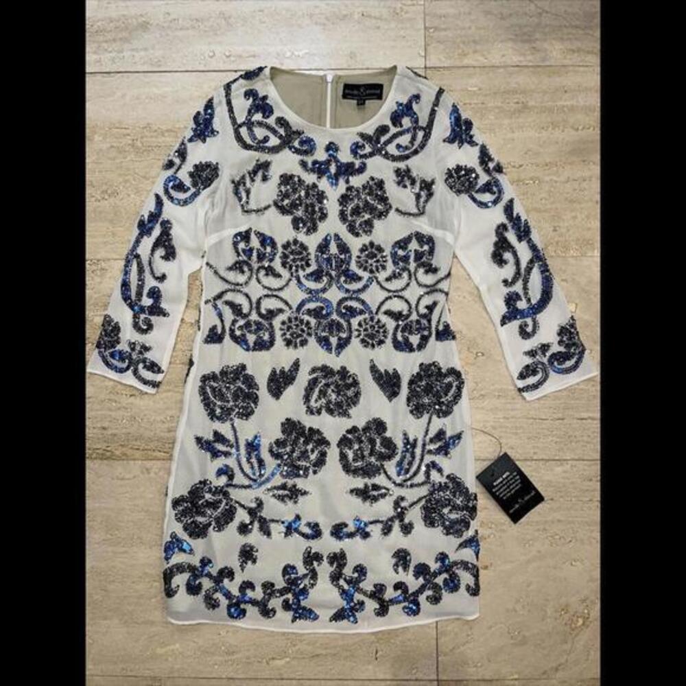 Needle & Thread Embellished White Blue Glitter Sequin Sheath Dress Sz 4 NWT $236